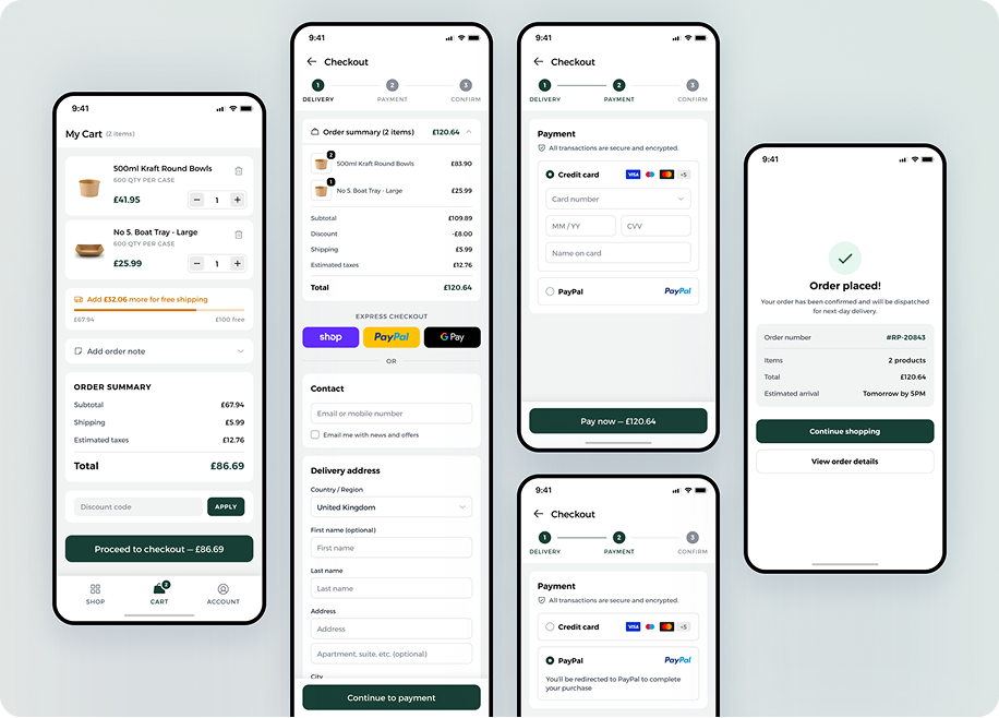 Reborn Packaging cart, checkout, payment, and order confirmation screens